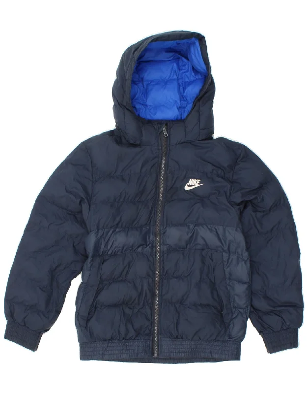 men's classic jackets -NIKE Boys Hooded Padded Jacket 10-11 Years Medium Navy Blue Polyester