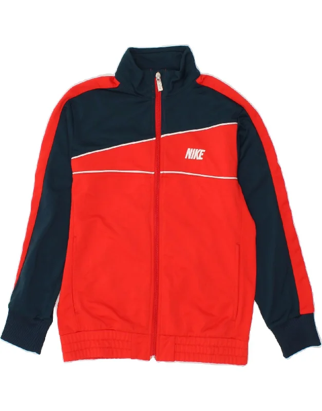 men's leather biker jackets -NIKE Boys Tracksuit Top Jacket 10-11 Years Medium Red Colourblock