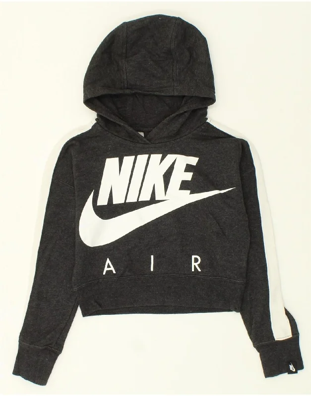 men's fashion sweatshirts -NIKE Girls Crop Graphic Hoodie Jumper 10-11 Years Medium Grey Colourblock