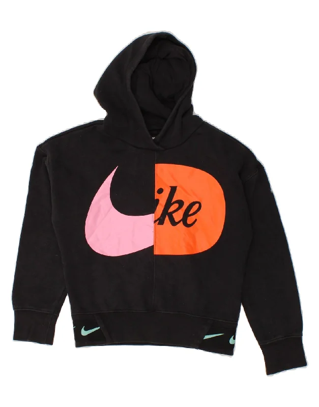 men's sporty sweatshirts -NIKE Girls Graphic Hoodie Jumper 10-11 Years Medium Black Cotton