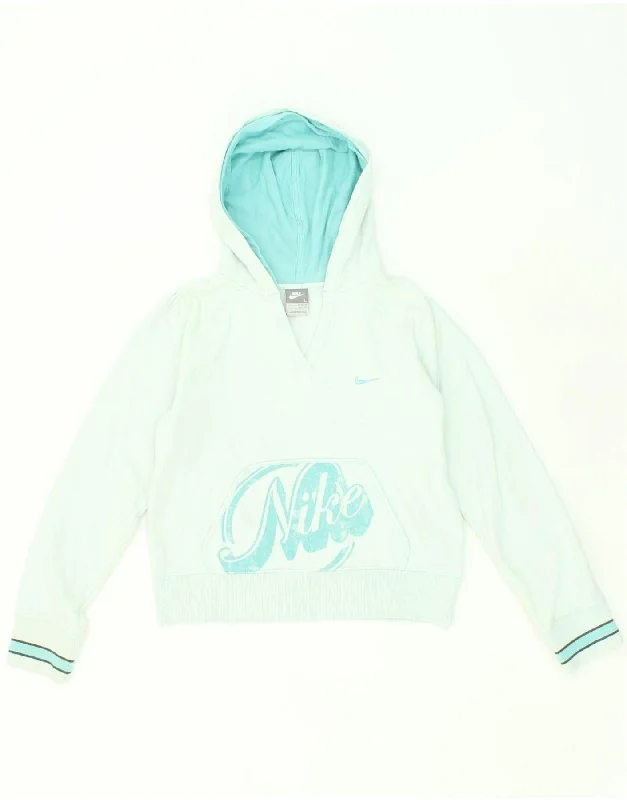 comfortable sweatshirts for men -NIKE Girls Graphic Hoodie Jumper 12-13 Years Large Turquoise Cotton