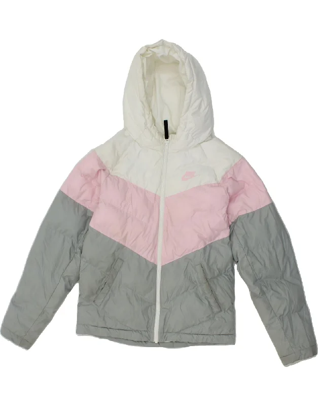 men's fleece-lined jackets -NIKE Girls Hooded Padded Jacket 12-13 Years Large Grey Colourblock