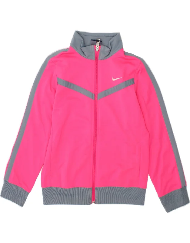 men's denim jackets -NIKE Girls Tracksuit Top Jacket 6-7 Years Large Pink Colourblock Polyester