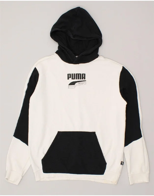 men's pullover hoodie with pockets -PUMA Boys Graphic Hoodie Jumper 13-14 Years White Colourblock