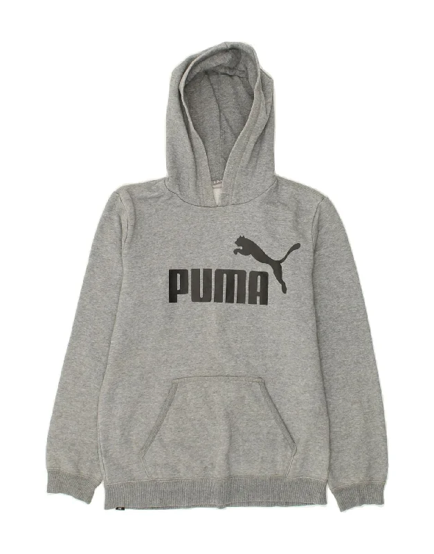 men's hoodie for layering in winter -PUMA Boys Graphic Hoodie Jumper 13-14 Years XL Grey Flecked Cotton