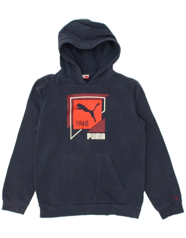 men's hoodies with quotes -PUMA Boys Graphic Hoodie Jumper 13-14 Years XL Navy Blue Cotton