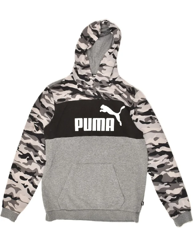 men's hoodie for cold weather -PUMA Boys Graphic Hoodie Jumper 15-16 Years Grey Camouflage Cotton