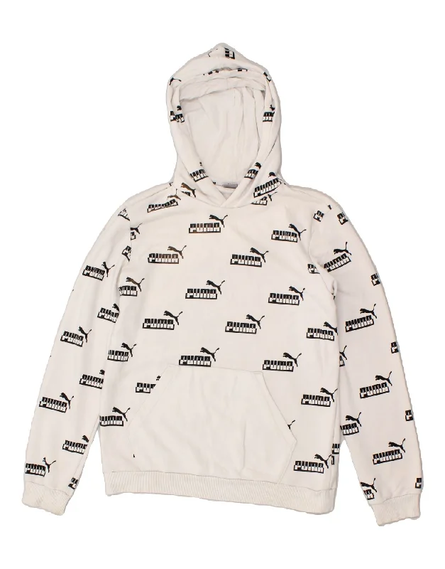 men's printed pullover hoodies -PUMA Boys Graphic Hoodie Jumper 15-16 Years White Cotton Logo