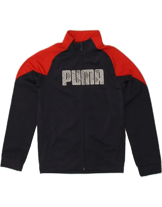 men's faux leather jackets -PUMA Boys Graphic Tracksuit Top Jacket 11-12 Years Navy Blue Colourblock