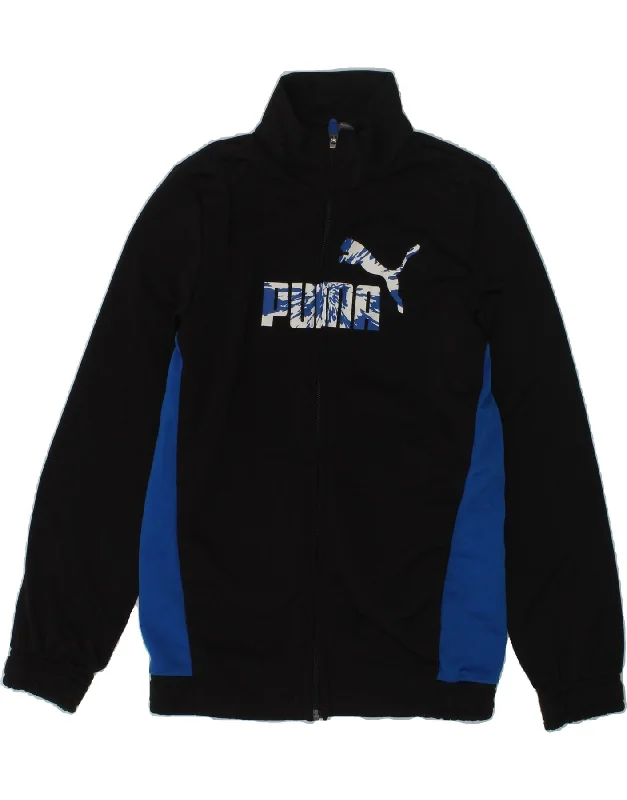 men's jacket for cold weather -PUMA Boys Graphic Tracksuit Top Jacket 7-8 Years Black Colourblock