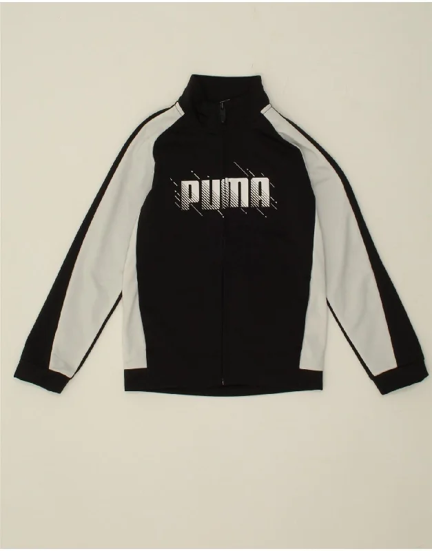 men's trench coats -PUMA Boys Graphic Tracksuit Top Jacket 7-8 Years Black Colourblock