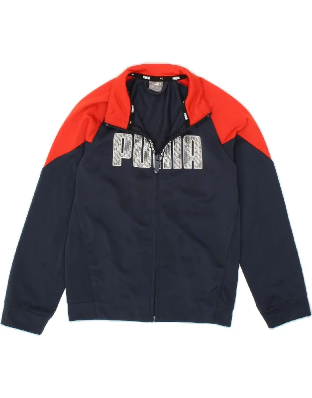 men's windproof jackets -PUMA Boys Graphic Tracksuit Top Jacket 7-8 Years XS Navy Blue Colourblock