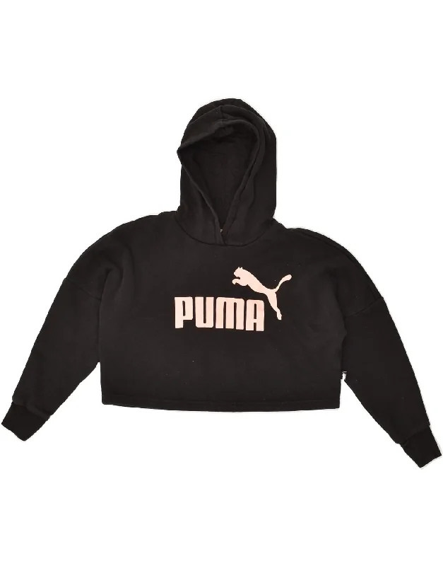 men's sweatshirts with designs -PUMA Girls Crop Graphic Hoodie Jumper 9-10 Years Black