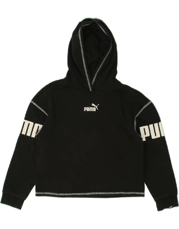 men's pullover hoodie with pockets -PUMA Girls Graphic Crop Hoodie Jumper 11-12 Years Black Cotton