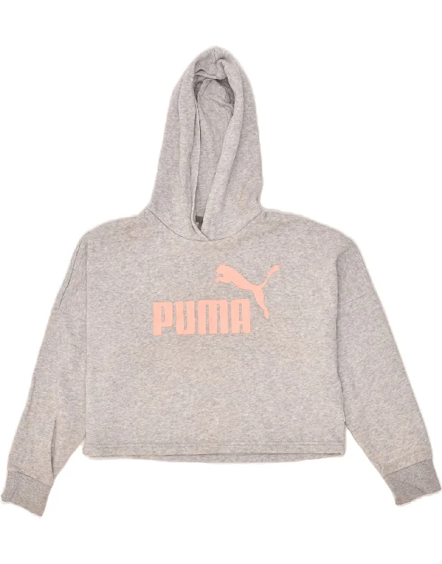 men's hoodies with logos -PUMA Girls Graphic Crop Hoodie Jumper 11-12 Years Grey Cotton