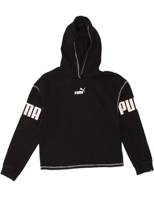 men's fleece zip-up hoodies -PUMA Girls Graphic Hoodie Jumper 13-14 Years Black Cotton