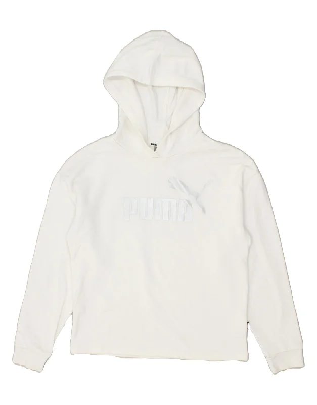 men's hoodie with zip pockets -PUMA Girls Graphic Hoodie Jumper 13-14 Years White Cotton