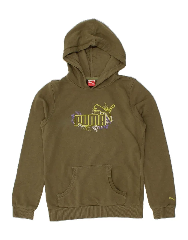 men's cool graphic sweatshirts -PUMA Girls Graphic Hoodie Jumper 13-14 Years XL Khaki Cotton