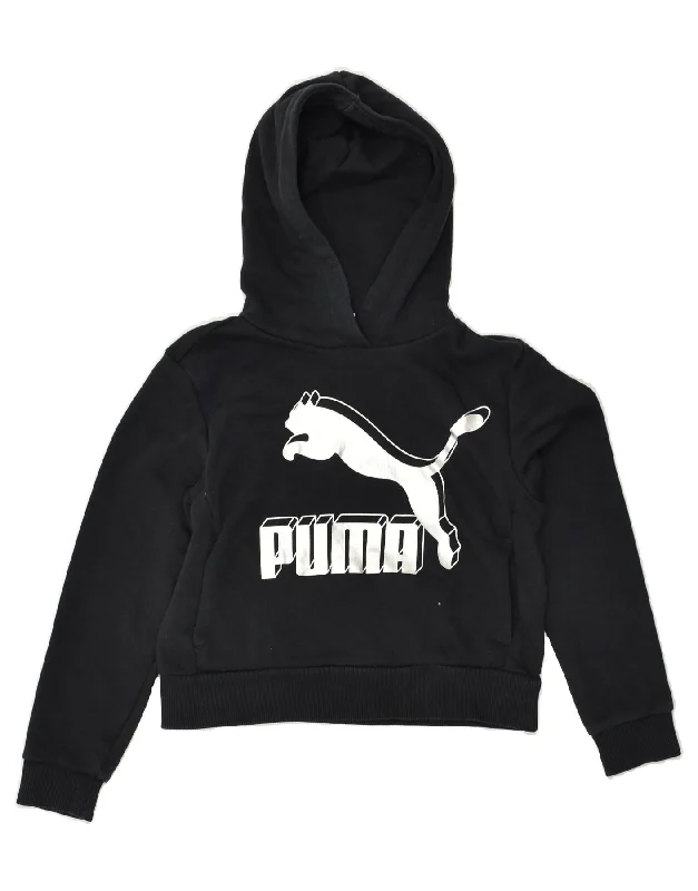 trendy graphic sweatshirts for men -PUMA Girls Graphic Hoodie Jumper 9-10 Years Black Cotton