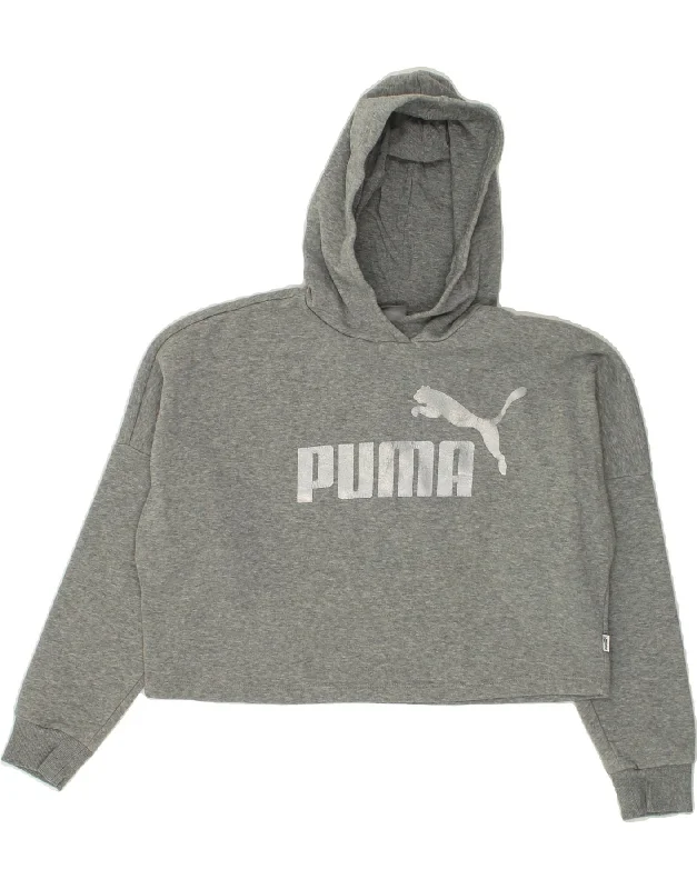 men's hoodie with prints -PUMA Girls Graphic Oversized Hoodie Jumper 11-12 Years Grey Cotton