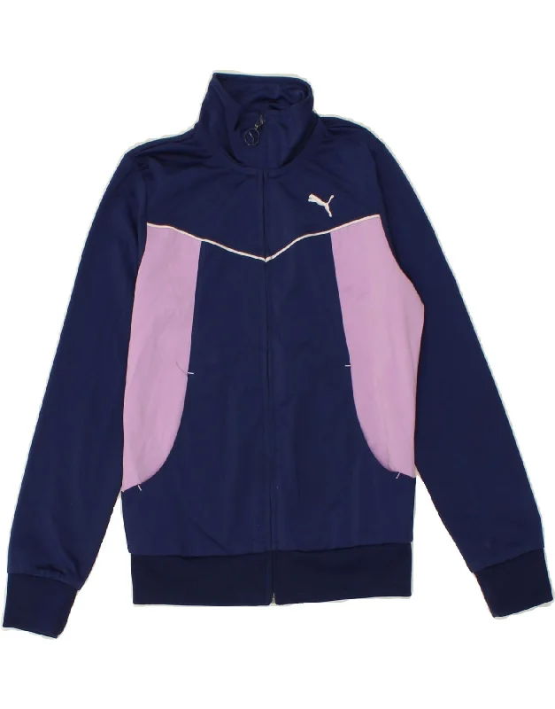 men's classic jackets -PUMA Girls Tracksuit Top Jacket 9-10 Years Medium Navy Blue Colourblock