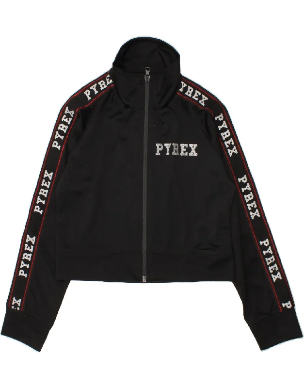 men's jacket for cold weather -PYREX Girls Graphic Tracksuit Top Jacket 4-5 Years  Small Black Polyester