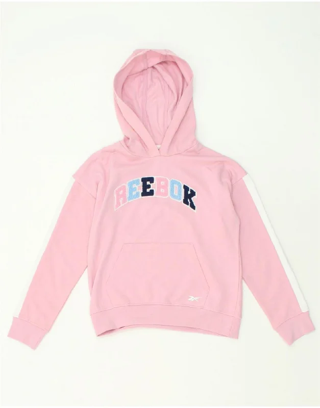 men's hoodie for cold weather -REEBOK Girls Graphic Hoodie Jumper 13-14 Years Pink Colourblock Cotton