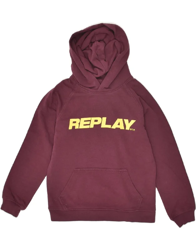 men's hoodie for outdoor activities -REPLAY Boys Graphic Hoodie Jumper 9-10 Years Maroon Cotton