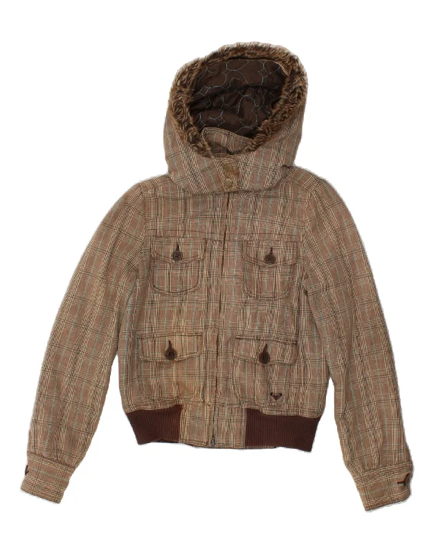 men's casual outerwear jackets -ROXY Girls Hooded Windbreaker Jacket 12-13 Years Small Beige Check Cotton