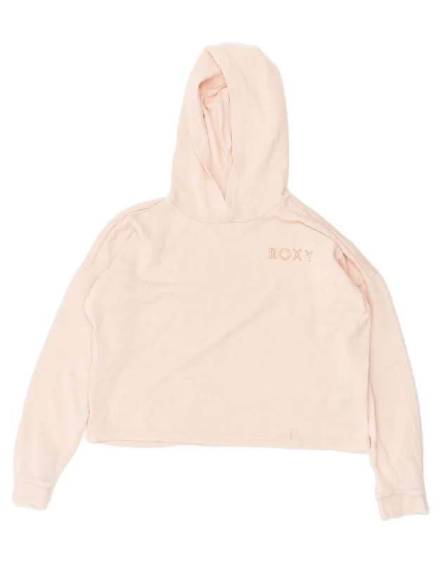 men's thick pullover hoodies -ROXY Girls Oversized Crop Graphic Hoodie Jumper 13-14 Years XL Pink Cotton