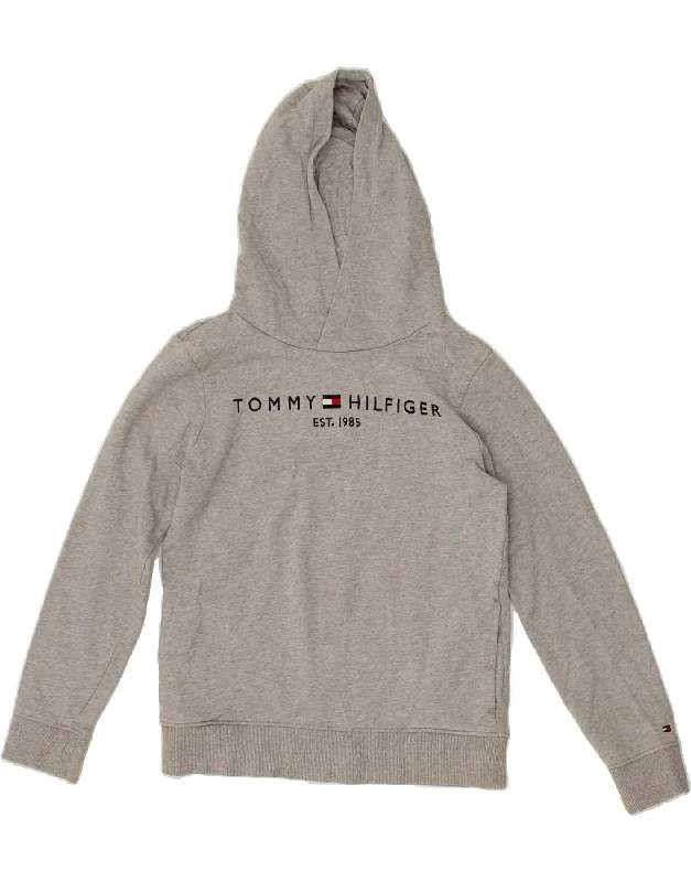 men's sports hoodies for gym -TOMMY HILFIGER Boys Graphic Hoodie Jumper 12-13 Years Grey Cotton