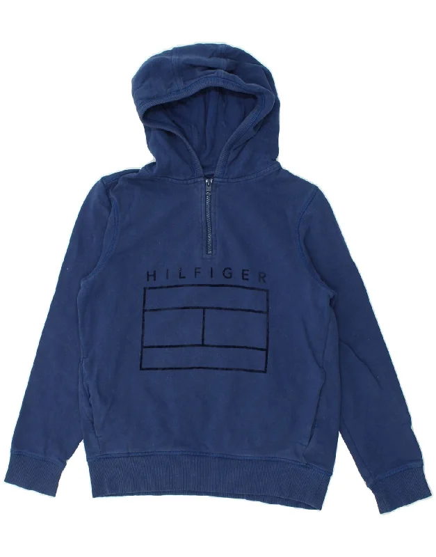 men's hoodie with logo prints -TOMMY HILFIGER Boys Graphic Hoodie Jumper 12-13 Years Navy Blue Cotton