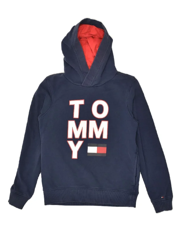 men's hoodie for casual outings -TOMMY HILFIGER Boys Graphic Hoodie Jumper 13-14 Years Navy Blue Cotton