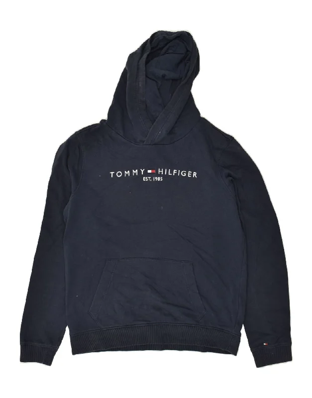 casual wear sweatshirts for men -TOMMY HILFIGER Boys Graphic Hoodie Jumper 15-16 Years Navy Blue Cotton