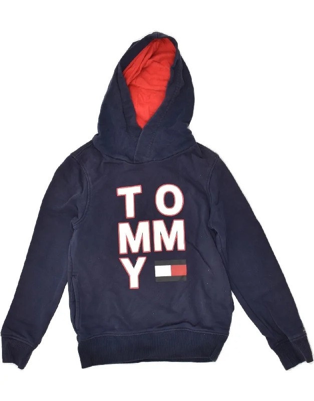 men's oversized hoodies -TOMMY HILFIGER Boys Graphic Hoodie Jumper 7-8 Years Navy Blue Cotton