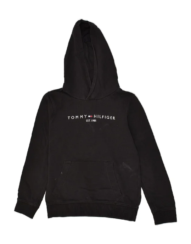 men's hoodie with zip pockets -TOMMY HILFIGER Boys Graphic Hoodie Jumper 9-10 Years Black Cotton