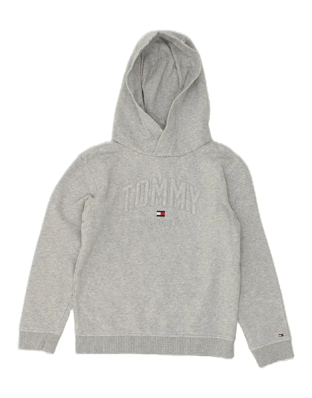 men's pullover hoodies -TOMMY HILFIGER Boys Graphic Hoodie Jumper 9-10 Years Grey Cotton