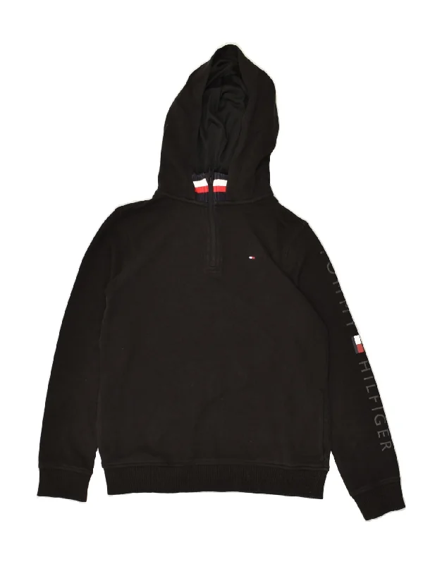 men's hoodie for cold weather -TOMMY HILFIGER Boys Graphic Zip Neck Hoodie Jumper 11-12 Years Black