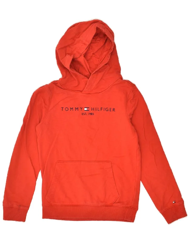 men's basic sweatshirts -TOMMY HILFIGER Boys Hoodie Jumper 9-10 Years Red Cotton