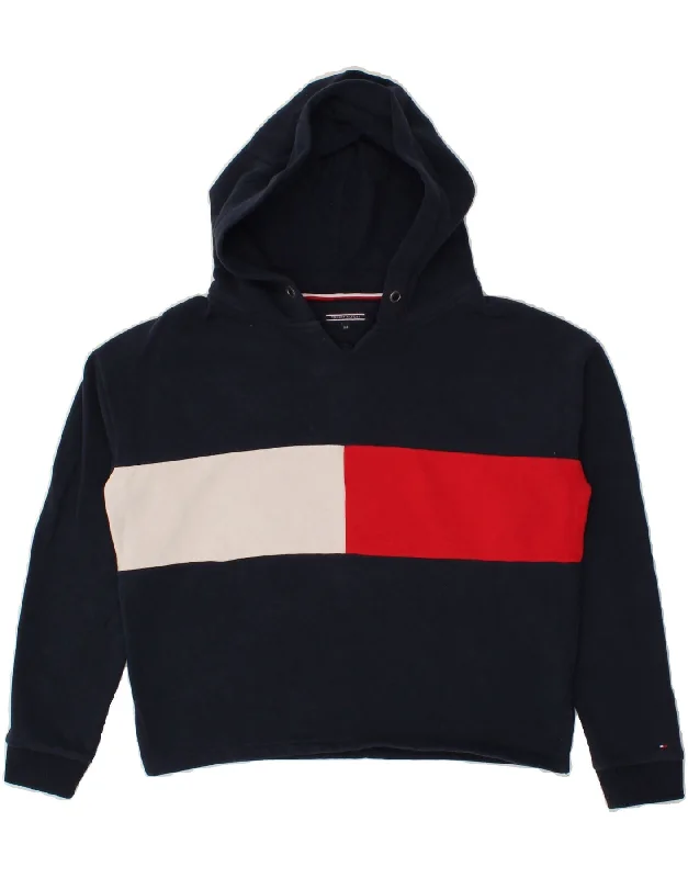 men's fleece sweatshirts for winter -TOMMY HILFIGER Girls Crop Graphic Hoodie Jumper 13-14 Years Navy Blue