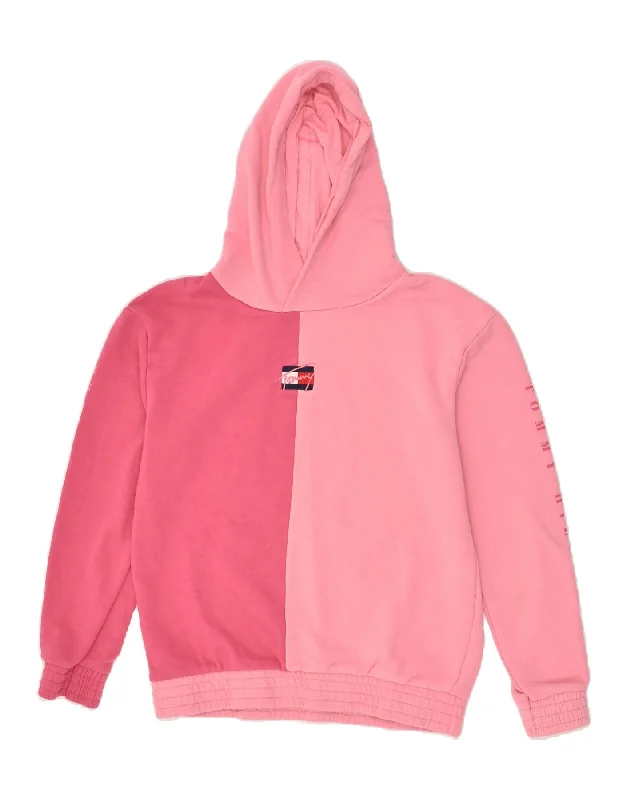 men's heavy fleece sweatshirts -TOMMY HILFIGER Girls Graphic Hoodie Jumper 15-16 Years Pink Colourblock