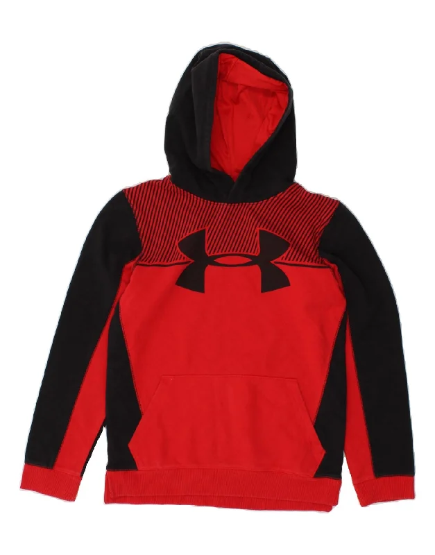 men's printed pullover hoodies -UNDER ARMOUR Boys Graphic Hoodie Jumper 11-12 Years Large Red Colourblock