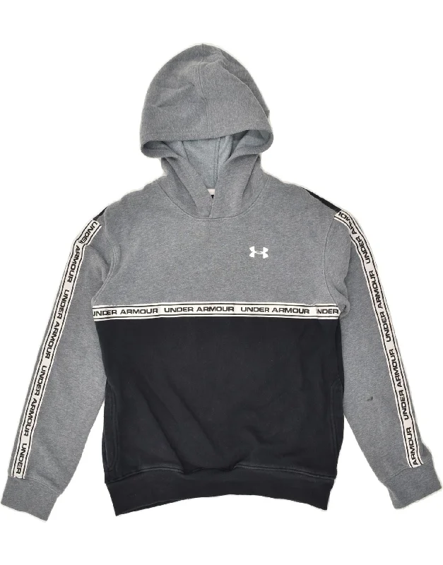 men's workout hoodies -UNDER ARMOUR Boys Graphic Hoodie Jumper 13-14 Years XL Grey Colourblock