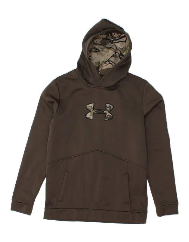 men's pullover hoodie with pockets -UNDER ARMOUR Boys Graphic Hoodie Jumper 15-16 Years Brown Polyester