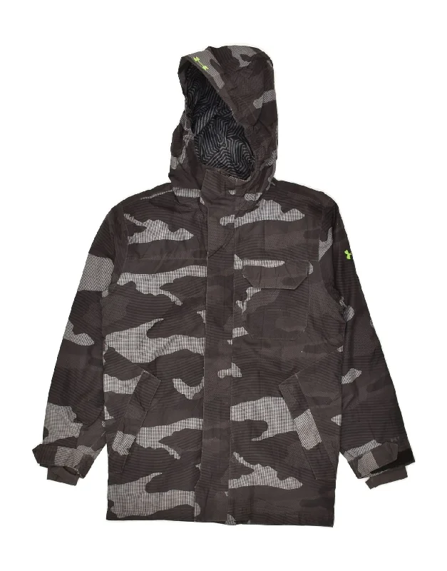 men's slim fit jackets -UNDER ARMOUR Boys Hooded Windbreaker Jacket 7-8 Years Grey Camouflage