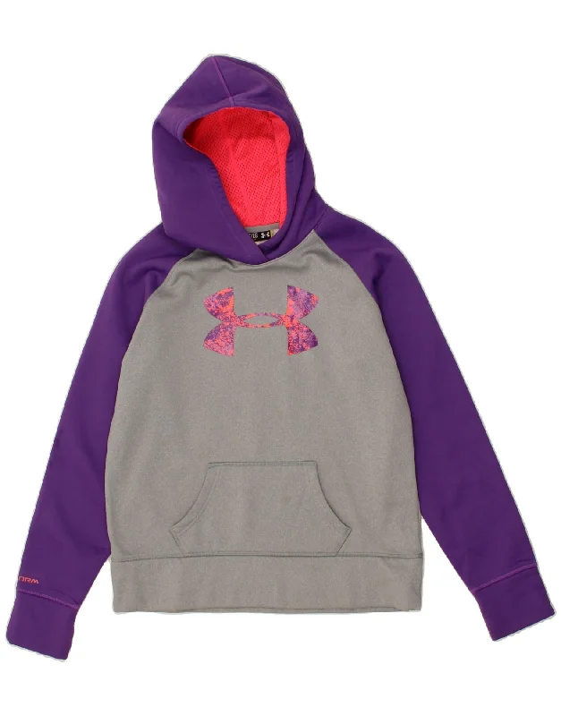 men's sweatshirts with designs -UNDER ARMOUR Girls Graphic Hoodie Jumper 13-14 Years XL Grey Colourblock