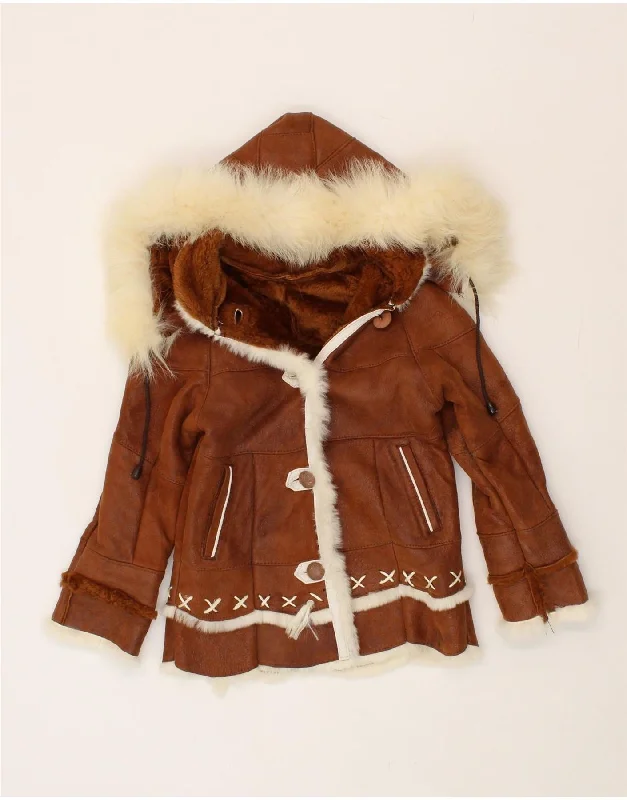 men's casual blazer jackets -VINTAGE Girls Hooded Sherpa Jacket 2-3 Years Brown