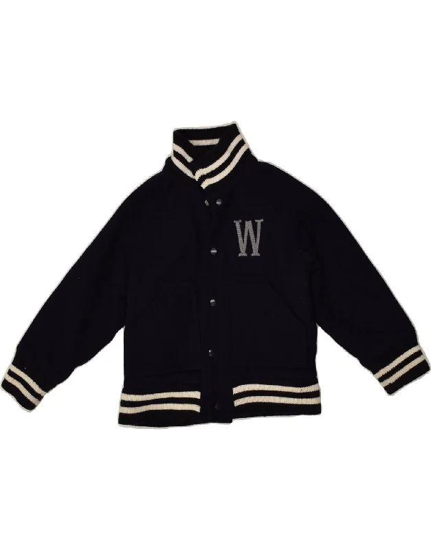 men's softshell jackets -WOOLRICH Boys Graphic Varsity Jacket 5-6 Years Navy Blue Wool