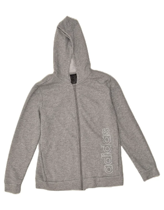 men's sweater for layering -ADIDAS Boys Graphic Zip Hoodie Sweater 13-14 Years Grey Cotton