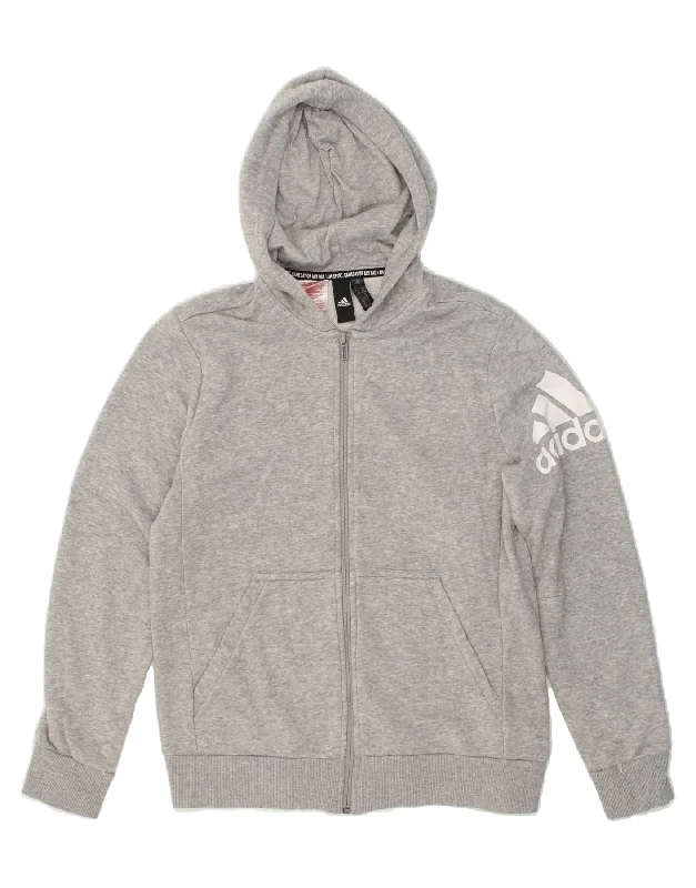 men's warm sweaters for winter -ADIDAS Boys Graphic Zip Hoodie Sweater 13-14 Years Grey Cotton